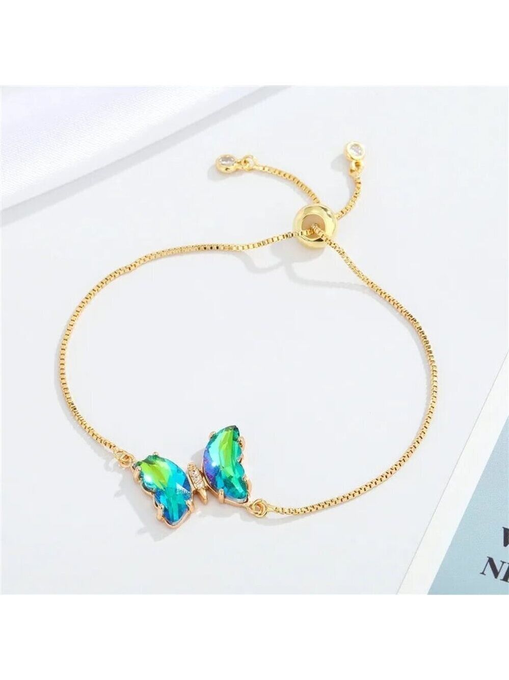 Iridescent Green Butterfly Bracelet 18K Gold Plated Stainless Steel, Adjustable
